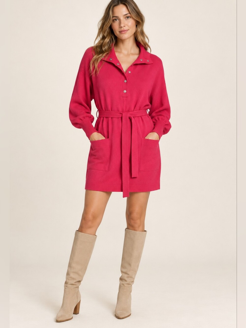 Daily Practice Anthropologie Hot Pink Belted Polo Knit Mini Dress Small